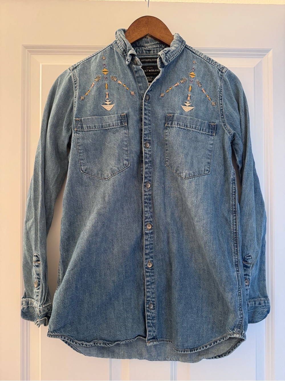 Lucky Brand Boyfriend Embroidered Shirt Womens XS